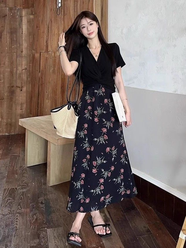 ワンピース フランスの偽のツーピースドレスサマーフローラルスカート
