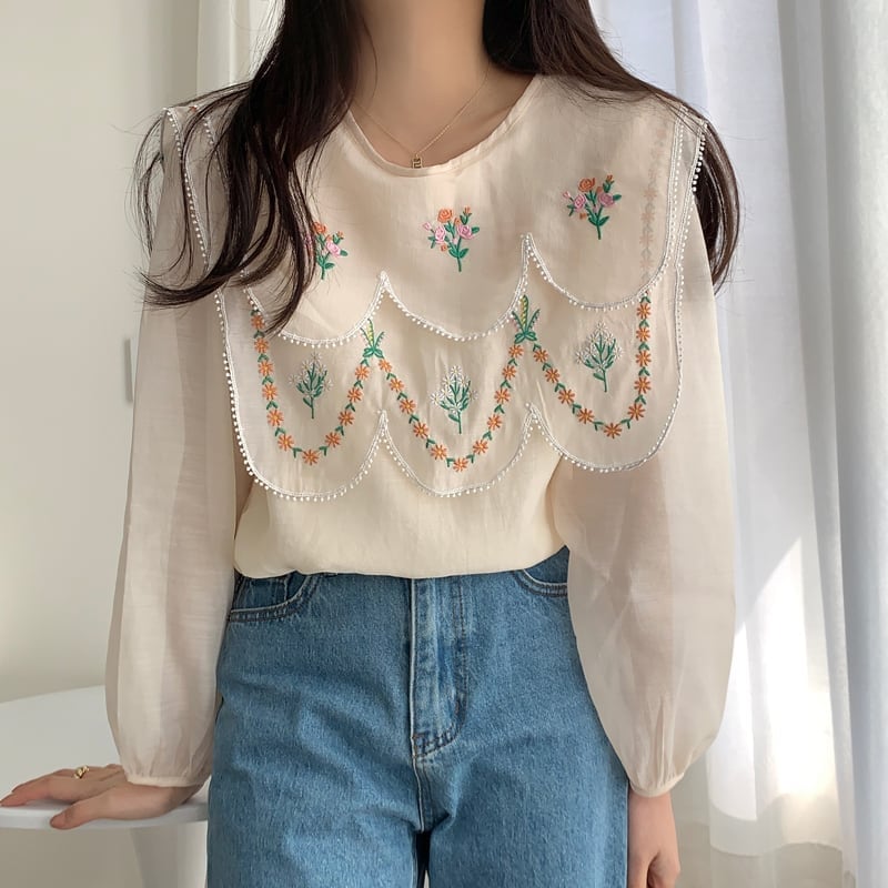 トップス ブラウス 長袖 袖アリ 刺繍 花柄 シースルー プルオーバー 萌袖 ラウンドネック