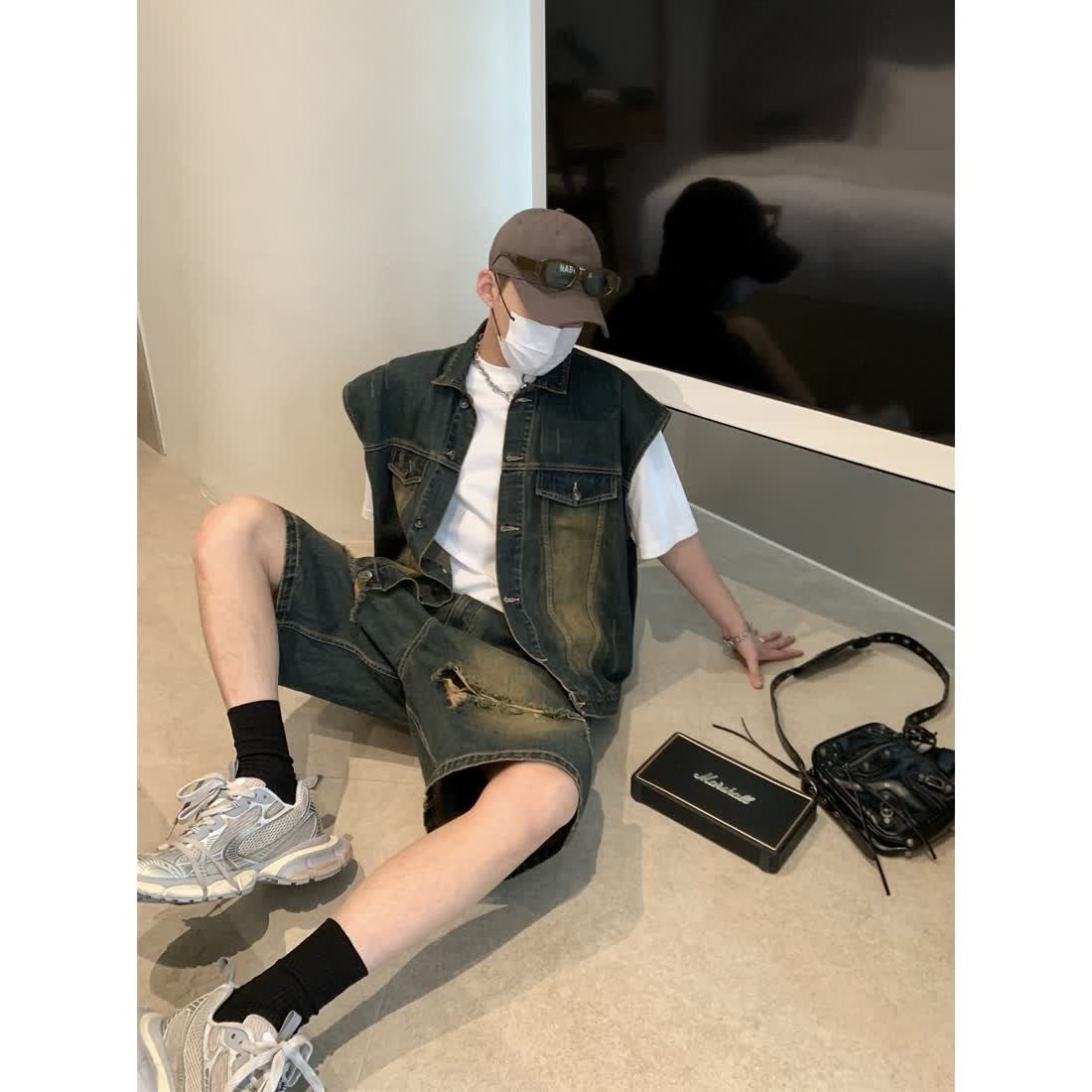 アメリカンレトロ デニムベスト+ジーパン サマースーツ セットアップ 夏服 デザイン感 上下セット