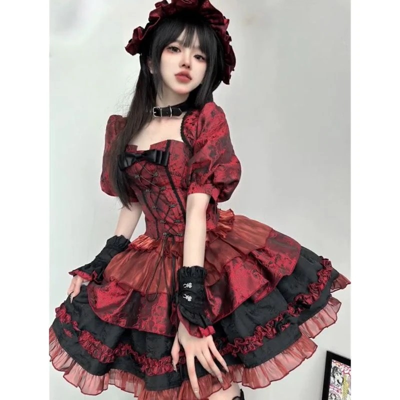 ゴスロリ 黒 赤 ロリータ ミニスカートセット コスプレ コスチューム jsk 文化祭 リボン ギ