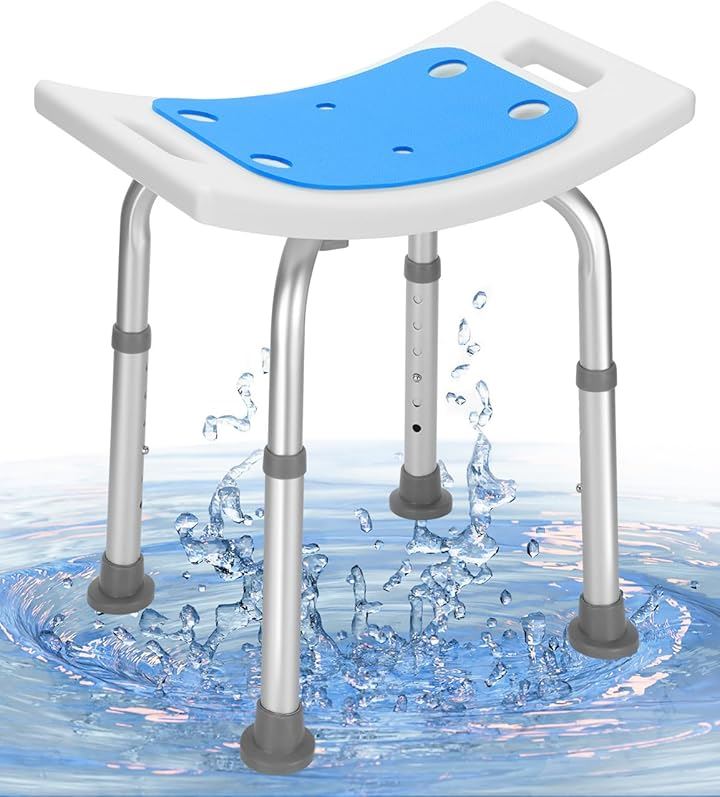 シャワーチェア 介護椅子 お風呂椅子 介護用 6段階高さ調節 バスチェア アルミ合金製 軽量 丈夫 浴室 耐荷重150kg シャワークリップと滑り止めマット付き(ブルー, 座面タイプ)