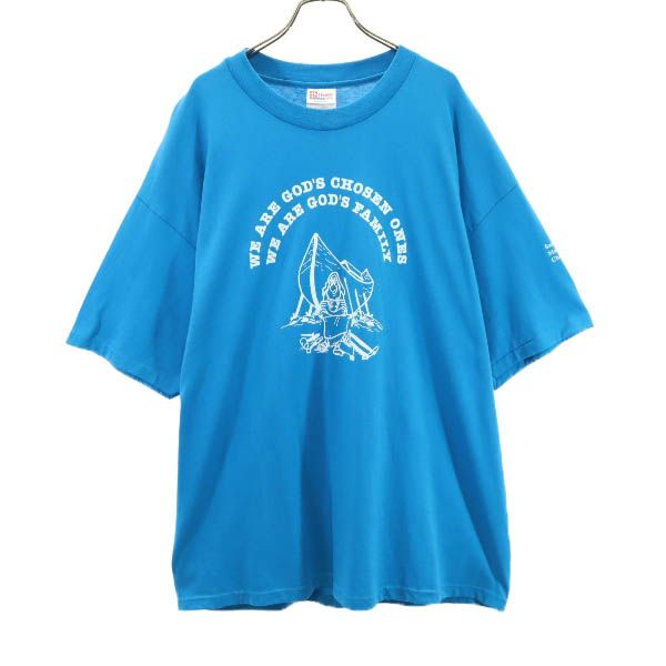 90s オールド プリント 半袖 Tシャツ XL 水色 メンズ