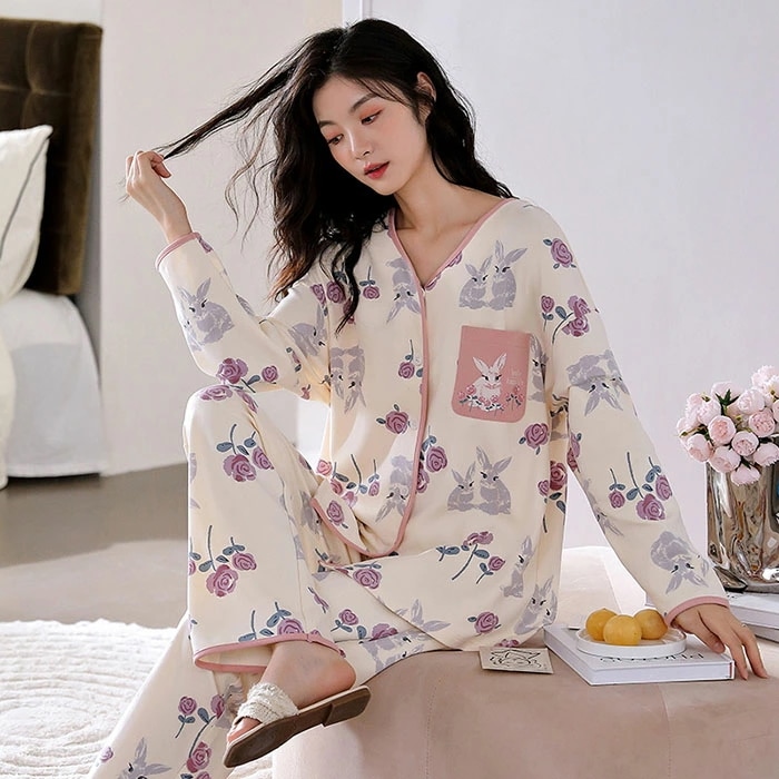 ルームウェア レディース パジャマ 綿100％ 前開き 花柄 春 秋 長袖 上下セット Ｖネック 通気性 快適 部屋着 寝間着 寝巻き コットン100％ 柔らかい 肌触りがいい 大きいサイズ おしゃれ