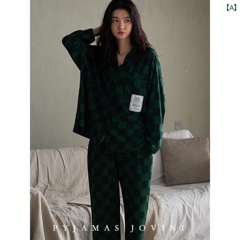 パジャマ　レディース　上下 Qiaoweini パジャマ レディース 春秋な 綿 長袖 ズボン 市松 格子 縞の 緑の 文字スタイル 5,418円