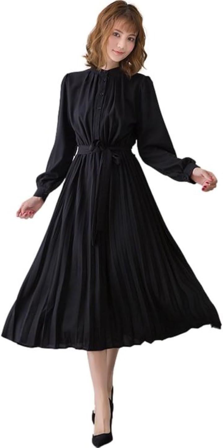 ブルーベリル シフォンワンピース ロング プリーツ レディース 長袖 ハイウエスト ウエストリボン フレア 春 秋 BB054(ブラック, L)