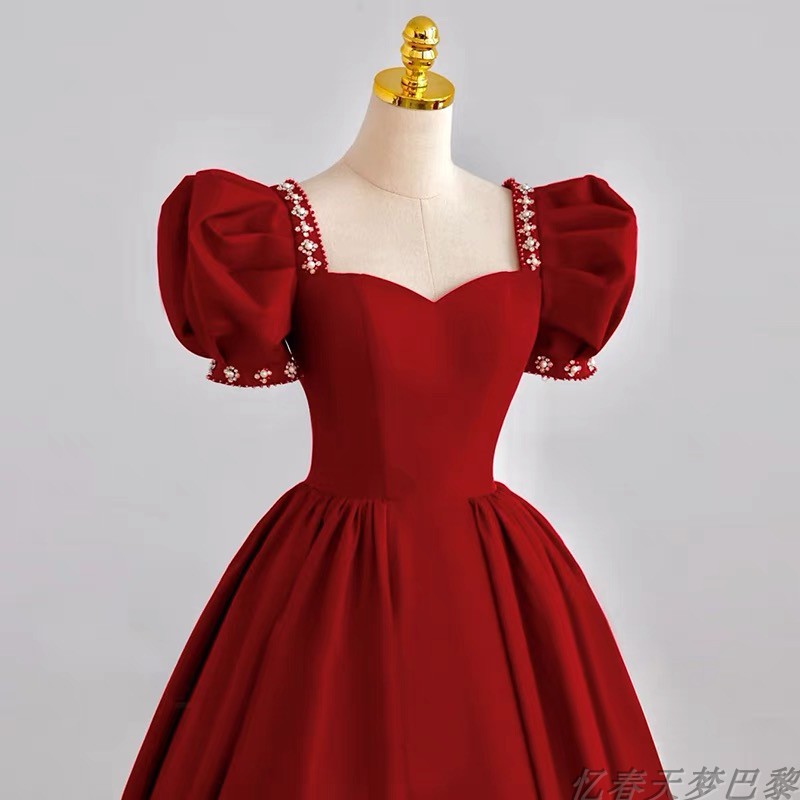 乾杯ウェア花嫁レッド結婚式冬リトルプリンセス帰国婚約ドレスパフスカート女性