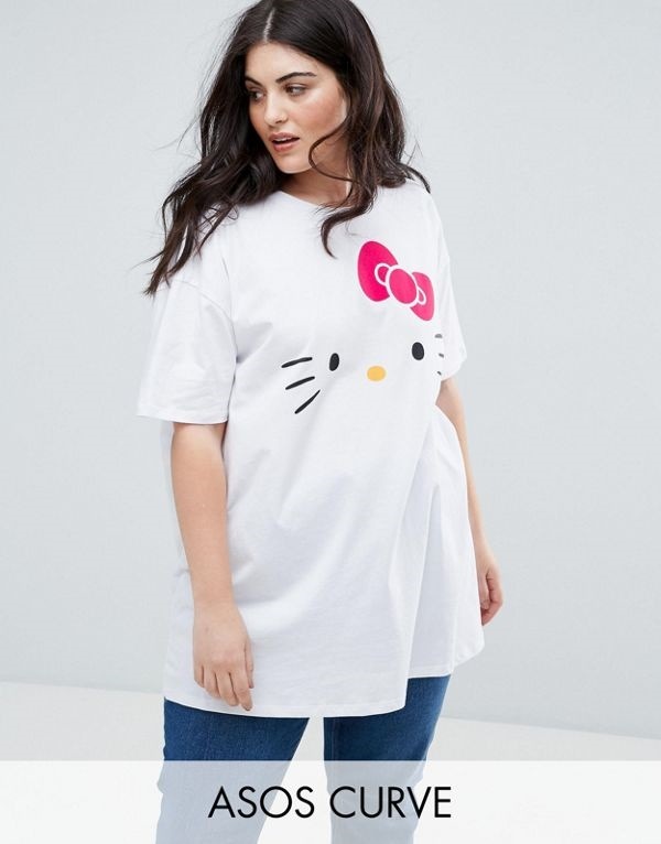 ASOS エイソス レディース 大きめサイズ ゆったりサイズ 送料無料 White CURVE T-Shirt in Oversized fit with Hello Kitty Face Prin