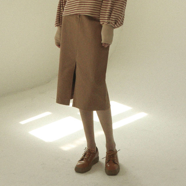 韓国ファッション[ku-nyang]モダンシンプル送料無料 One button front slit skirt (2colors)