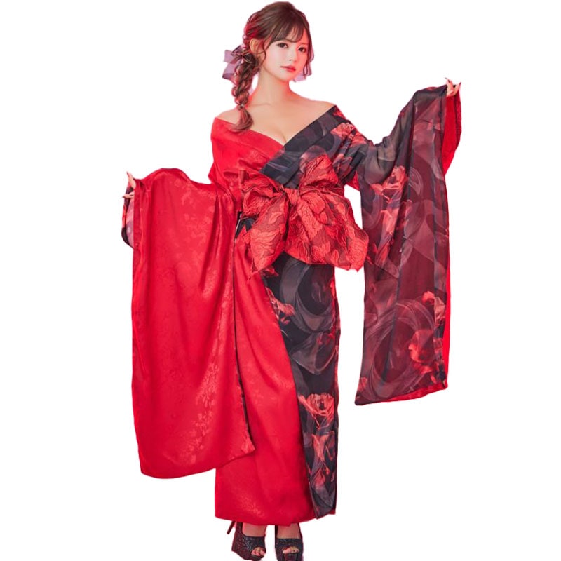 【高級ライン】【2点セット】バイカラー 総花柄 サテン＆シフォン オフショル ツートン 豪華 帯 花魁 着物 ドレス コスプレ イベント[1308]