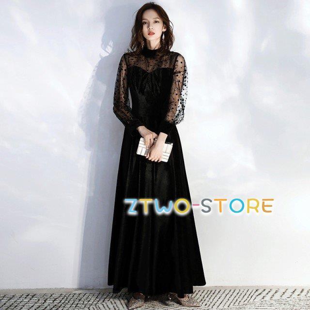 パーティードレス結婚式お呼ばれドレス袖ありロングドレスシースルー袖長袖ロングドレス黒大きいサイズ3L4L小さいサイズ韓国