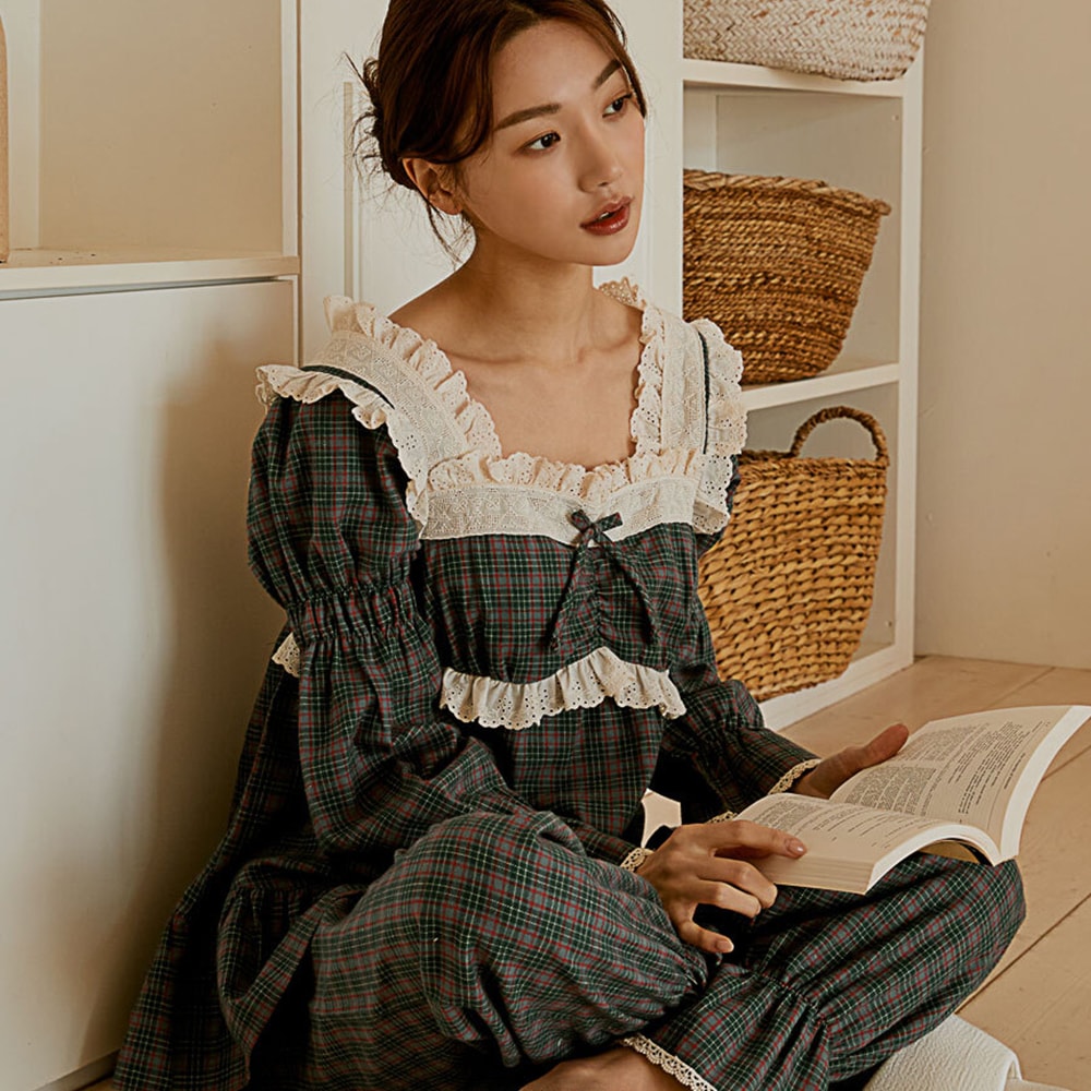 [ハウスチェック上下セット]レディース 先染コットン (長袖スクエアネック) パジャマ ルームウ