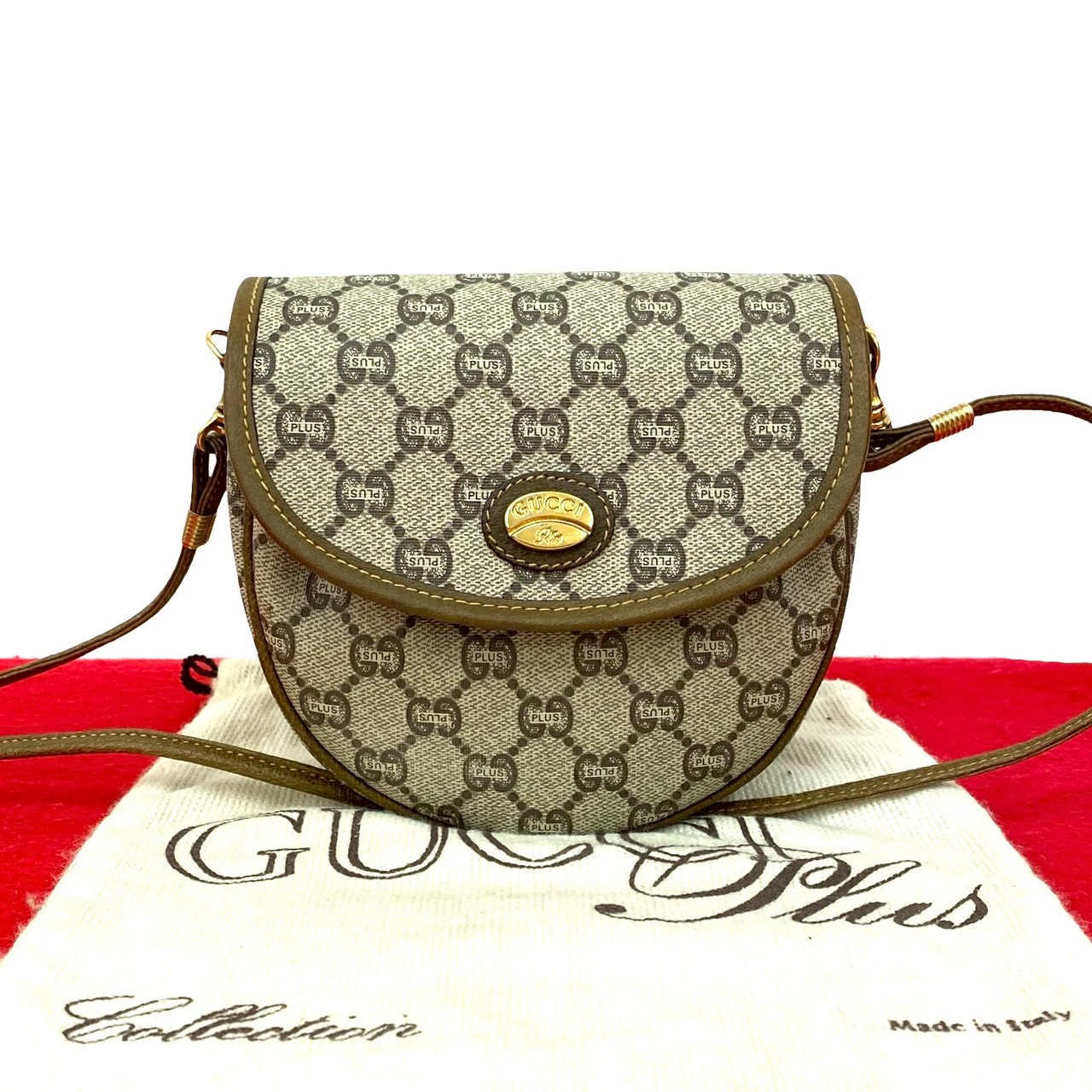 ヴィンテージ グッチプラス ロゴ 金具ショルダーバッグ レザー PVC ブラウン 32798