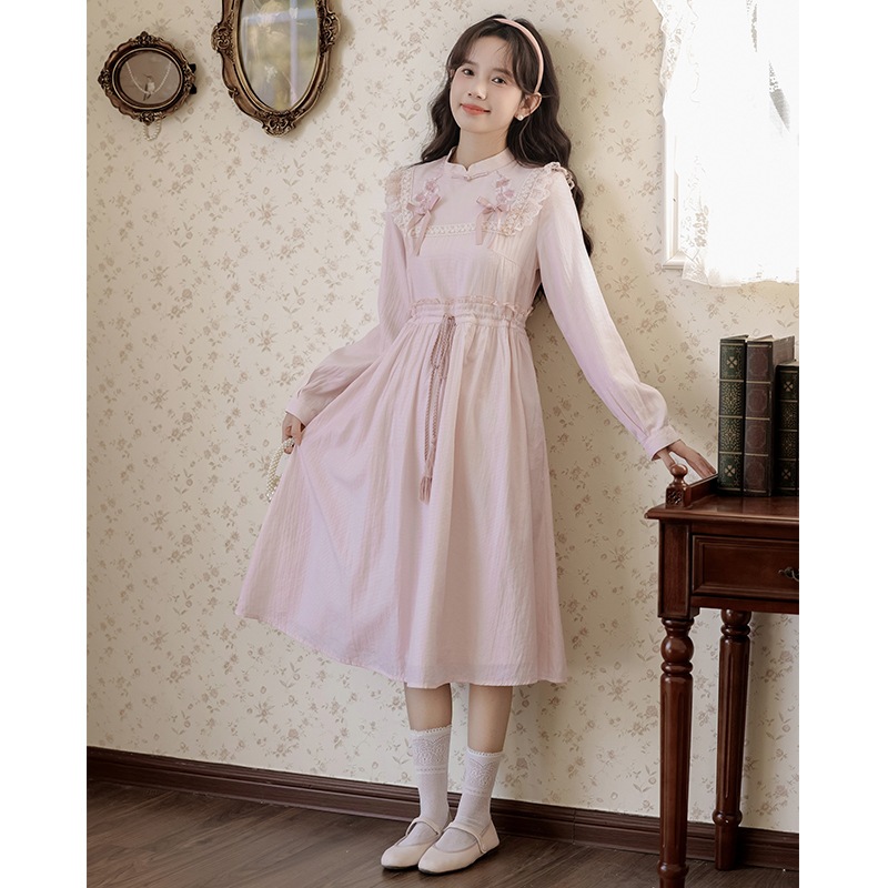 【急速出荷】送.料.無.料.スタンドカラー 刺繍 リボンレーススプラインバンド ウエスト を収めて ウエスト を収めてスリムスカートに ワンピース