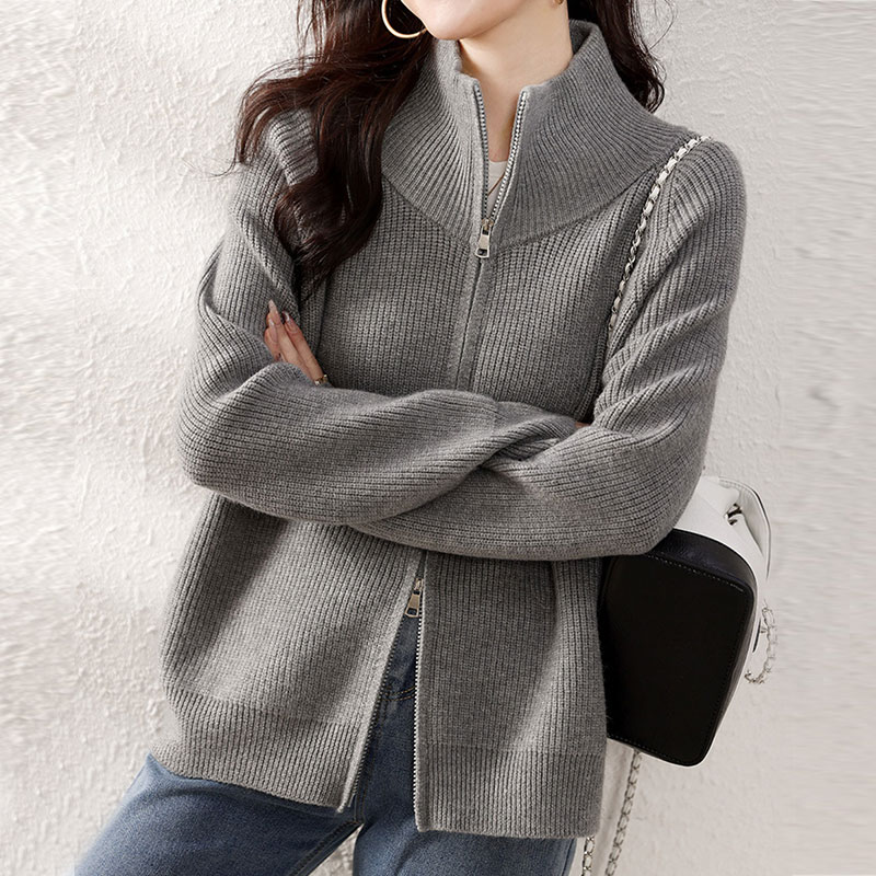 【2023秋冬の新型韓国版】 上品なシルエット カジュアル 着痩せ効果 ジッパー ハイネック 体型カバー ニット カーディガン レディース