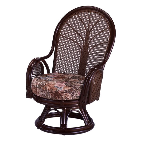 籐 ラウンドチェアー ハイバック 座面高35cm 回転座椅子 背もたれ付き 肘付き 肘掛 イス チェア 座いす アジアン 籐家具 花柄 和モダン ラタン リラックスチェア パーソナルチェア