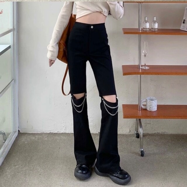 レディース チェーン付き ダメージ ワイドパンツ 膝穴開き ボトムス ワイドストレートパンツ ハイウエスト 脚長効果 無地 Y2K 大人可愛い ママコーデ ママファッション 韓国系 オルチャン 人気