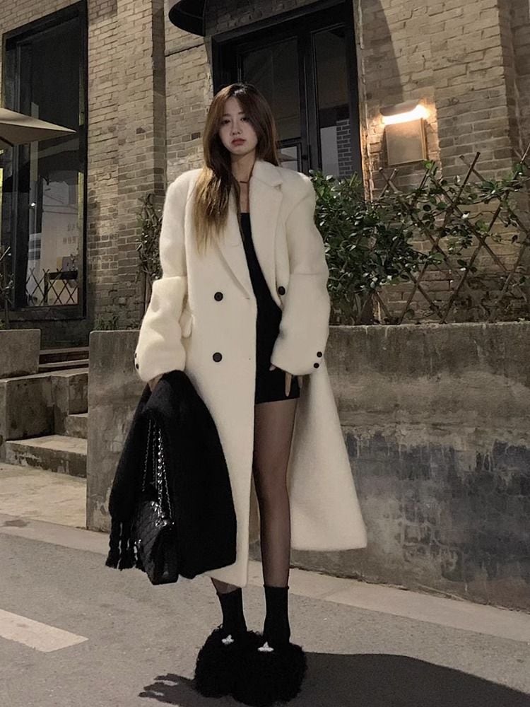 韓版 ハイエンド エレガント セレブ ホワイト ラシャコート 高級感 ロング丈 レディース チェスターコート