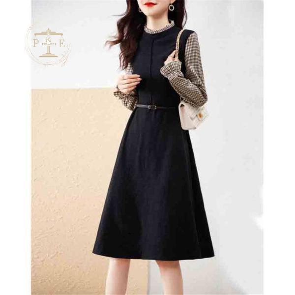 ワンピース レディース 40代 きれいめ 膝丈ワンピース 秋冬 長袖ワンピース チェック柄切り替え Aラインスカート オシャレ大人上品 通勤OL パーティードレス