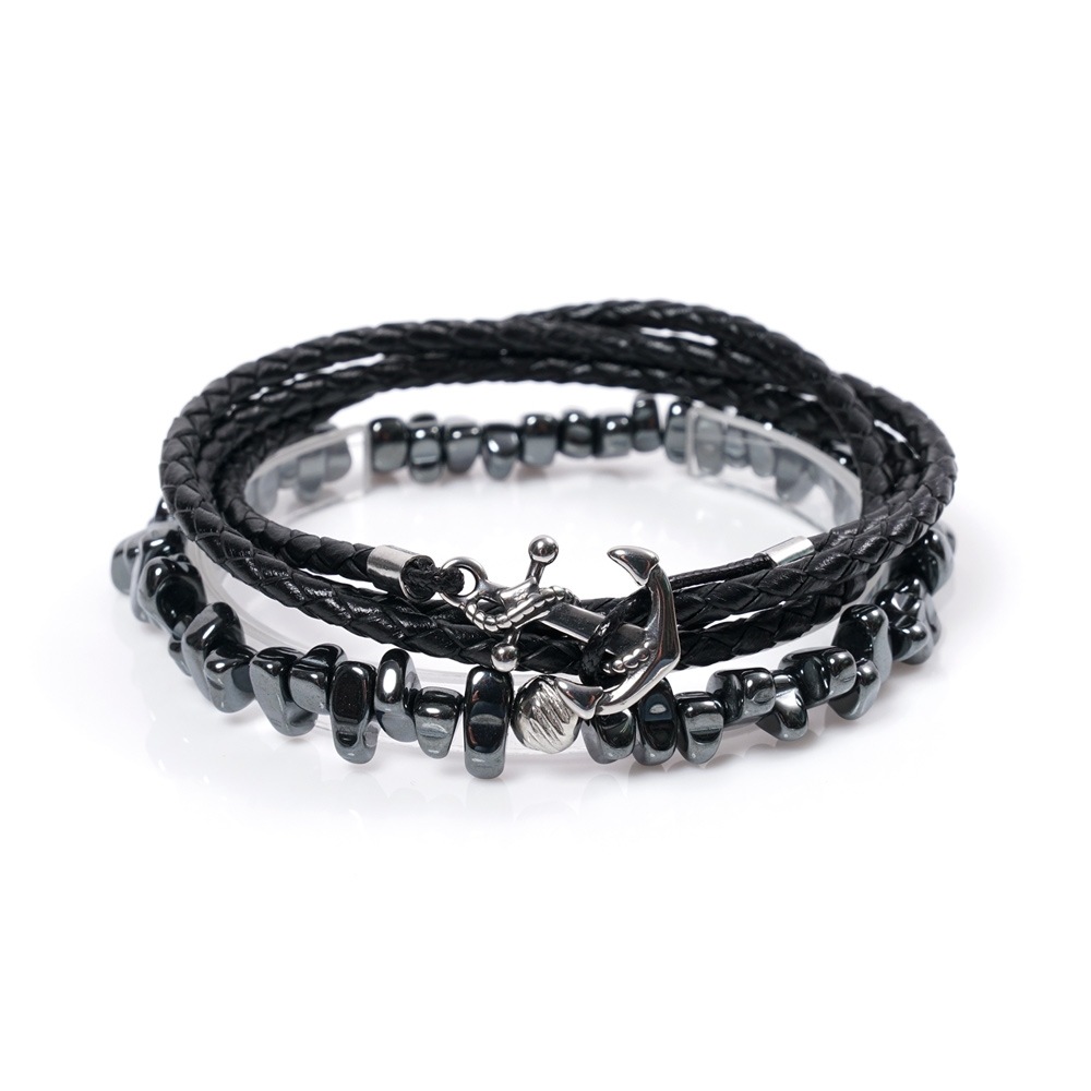 JBANS クラシックアンバランスシーホース 735 サージカルスチールアンカー 738BK レザーブレスレットセット (C2101-SE187_BK)