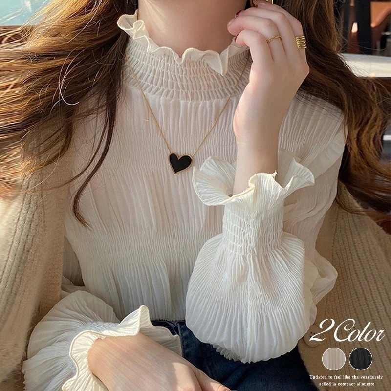 大人気！ ブラウス フリルハイネックブラウス シフォンブラウス トップス レディース シアーシャツ ハイネック フリル レトロ シフォン メロウ 長袖 大人 春 シアー セクシー