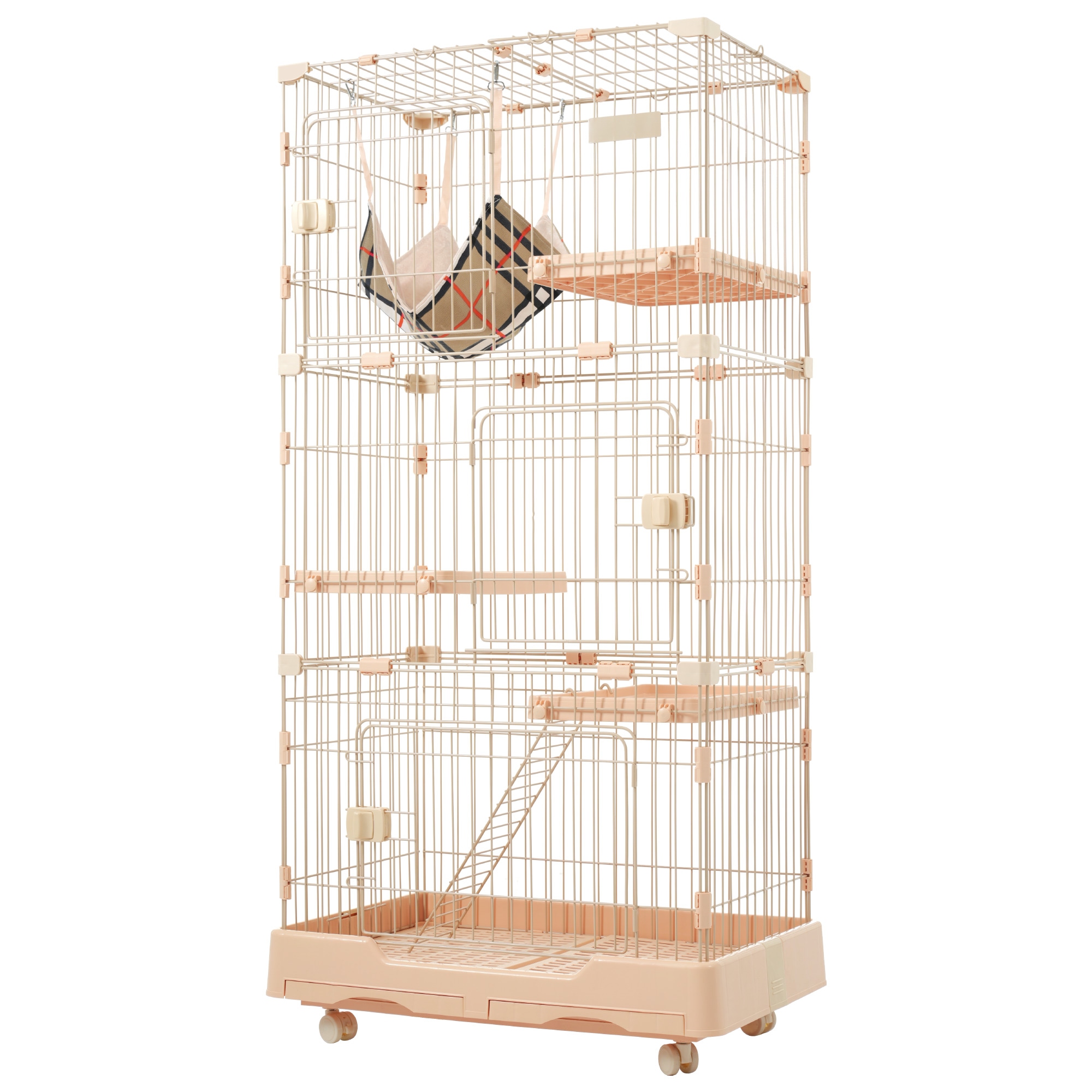 猫 ケージ キャットケージ ペットケージ キャスター付 猫ゲージ 大型 多頭飼い ネコドア キャットハウス 1段2段3段可能 留守番 保護 脱走防止 おしゃれ (3段,ベージュ)
