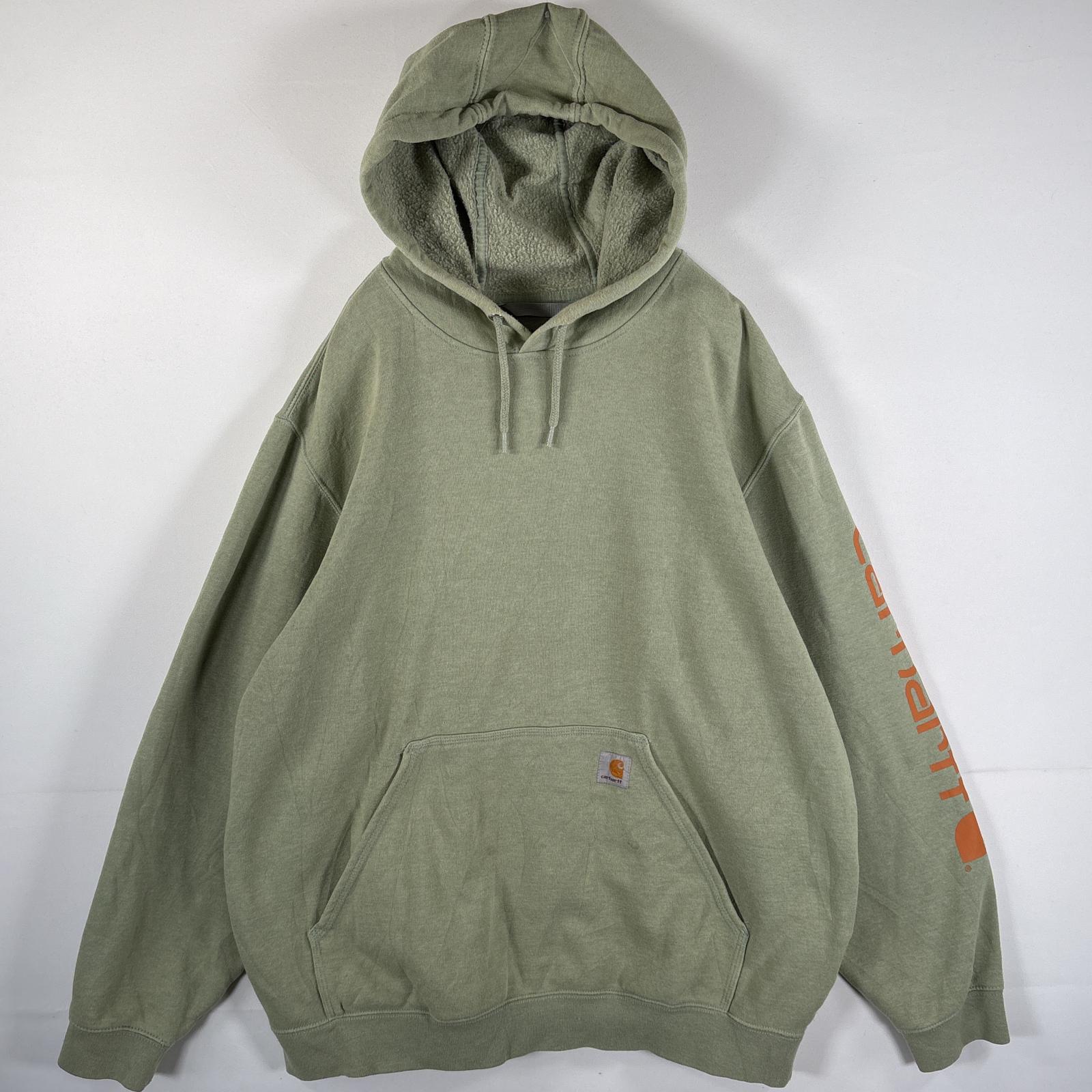 古着 パーカー 大きいサイズ ワンポイントロゴ マフポケット 袖プリント ルーズフィット XL グリーン系 メンズ