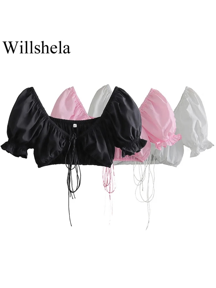 Willshelp-レディース単色レースアップクロップシャツヴィンテージVネックブラウスショートパフスリーブ女性のシックなファッションレディース - 200000345