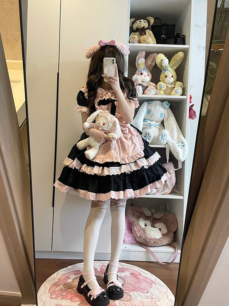 キャミソールワンピースフルスタイルの黒とピンクのロリータドレス女性甘いロリータふわふわプリンセススカートスーツ