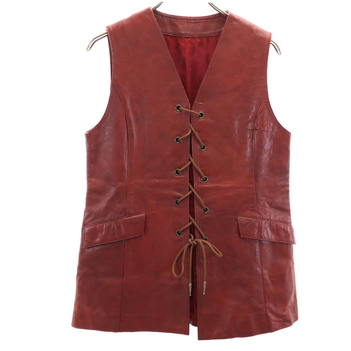 レースアップ レザー ベスト レッド ユニセックス メンズ 古着