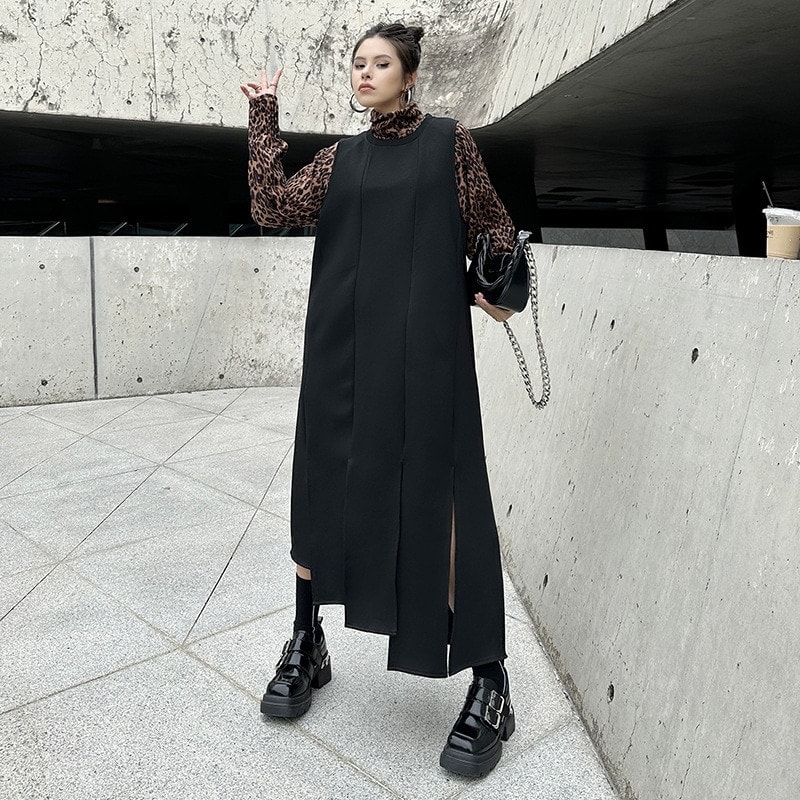 【J.Fashion】 スリット 袖なしワンピース ベストワンピース ノースリーブ レディース ロングワンピース 関連商品購入可能 メガ割