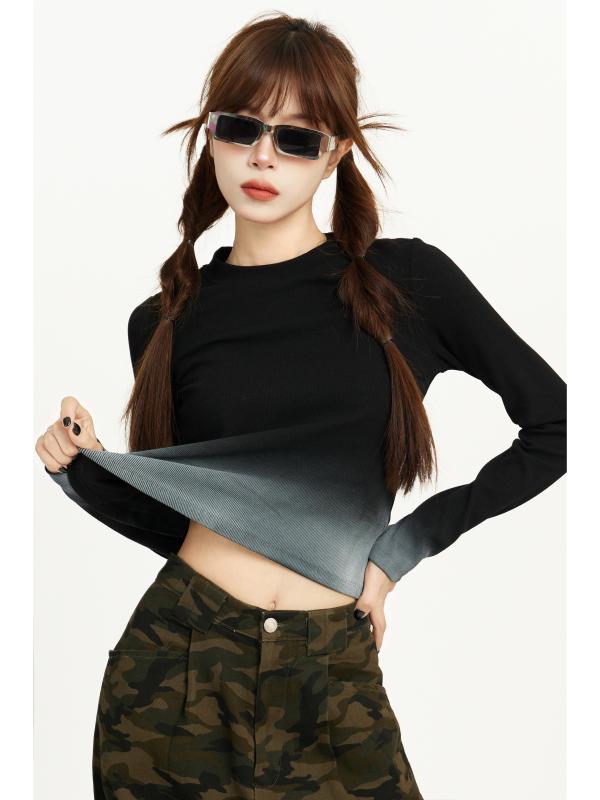 セーター レディース 春秋 長袖 トップス プルオーバー ラウンドネック ショート丈 タイト フィット おしゃれ シンプル カジュアル グラデーション 黒