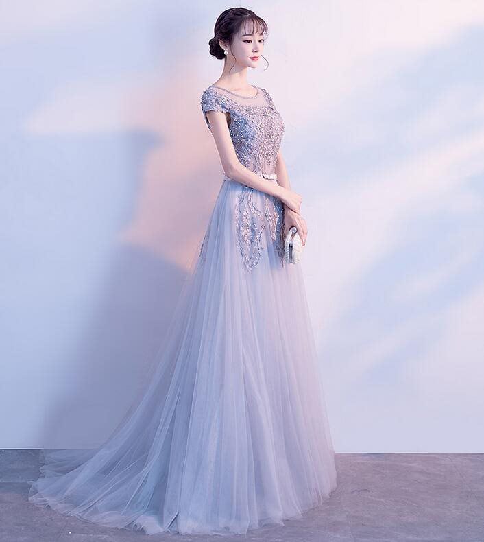 6サイズ選択可 マキシ丈ドレス 半袖 ウェディングドレストレーン エンパイア 二次会 花嫁 編み上げ