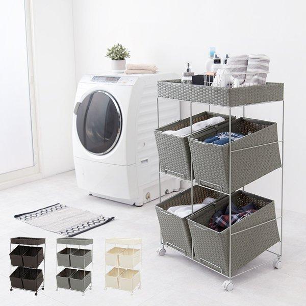 ランドリーラック おしゃれ バスケット かご カゴ 3段 ランドリー収納 キャスター付き 白 ラタン調 収納 洗面所 脱衣所 省スペース 幅50 幅60 ほぼ完成品 ID005