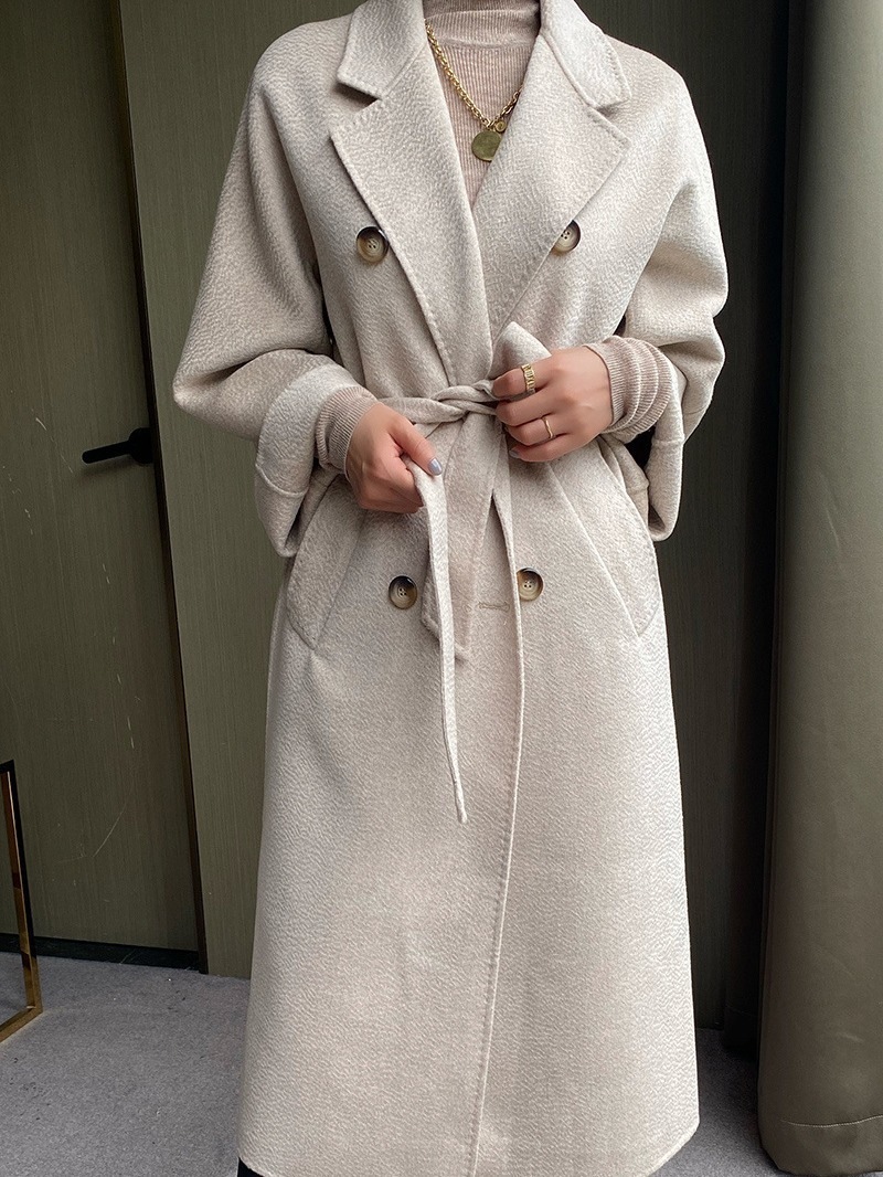 高級水波パターン両面ウールツイードジャケットロングルーズ秋冬ダブルブレストキャメルカシミヤコートの女性