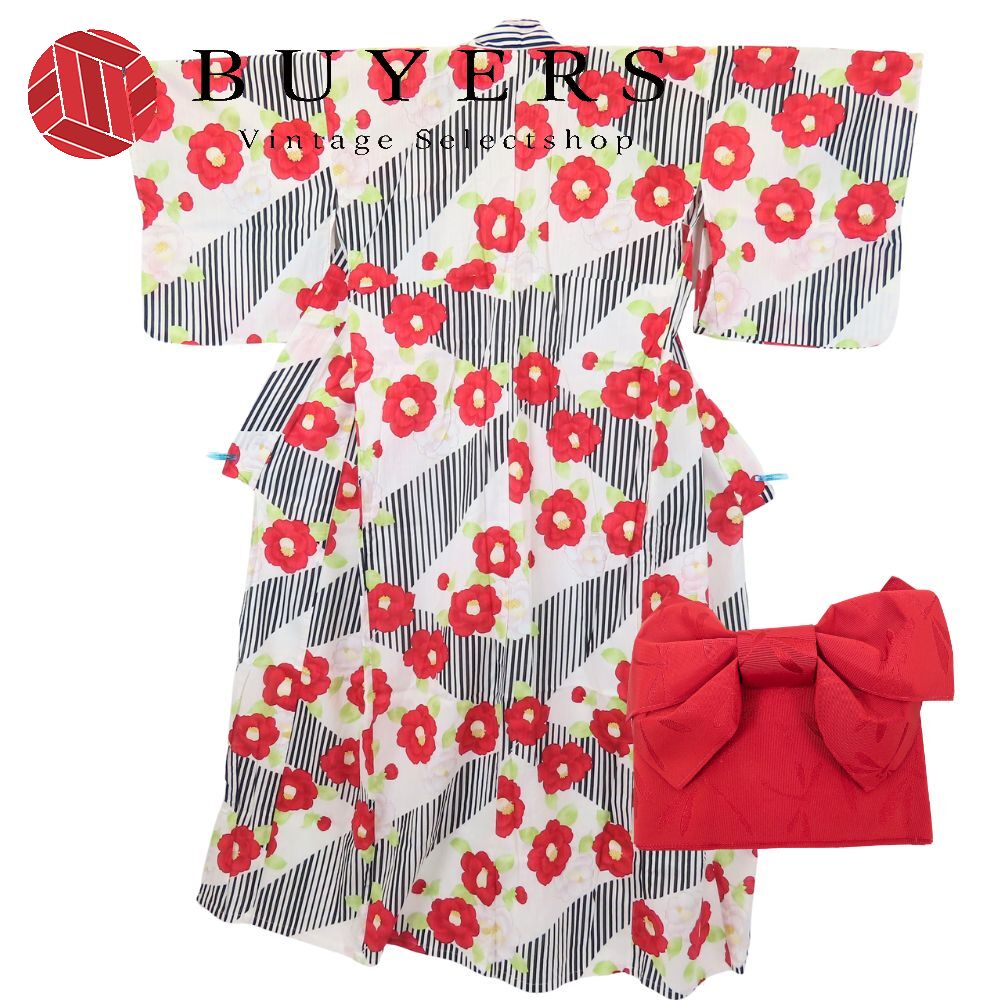 中古 浴衣 セット 作り帯 INGNI 綿 ポリエステル ホワイト レッド 変わり生地 半巾帯 リボン 和装 呉服 和服 きもの レディース 女性 5,346円