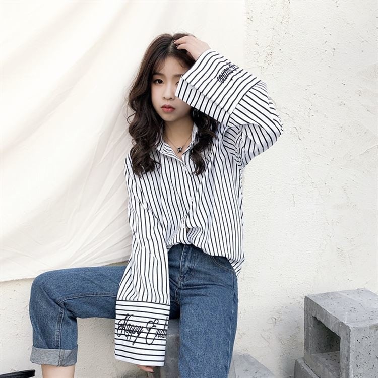 2454.シンプルなロングスリーブブラウス（ホワイト）2019 春夏 ストライプ カジュアル 普段使い