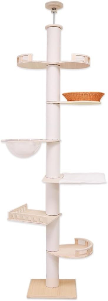 LULUCAT 【無垢材】 キャットタワー 突っ張り スリム 大型猫 木製 ラバーウッド 天然木 宇宙船 ハンモック 大型 おしゃれ 省ベース インテリア性 多頭飼い 猫タワー 爪研ぎ コットン紐
