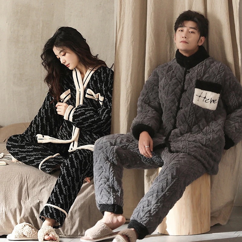 カップルパジャマ女性サンゴベルベット三層綿部屋着新型厚手メンズパジャマ２点セットウェア