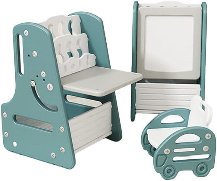 お絵描きボード キッズデスク イーゼル付き 大きい 多機能テーブル＆チェア 絵本棚 知育デスク 収納付き おしゃれ 軽量 コンパクト 2way 絵本ラック(グリーン, free)