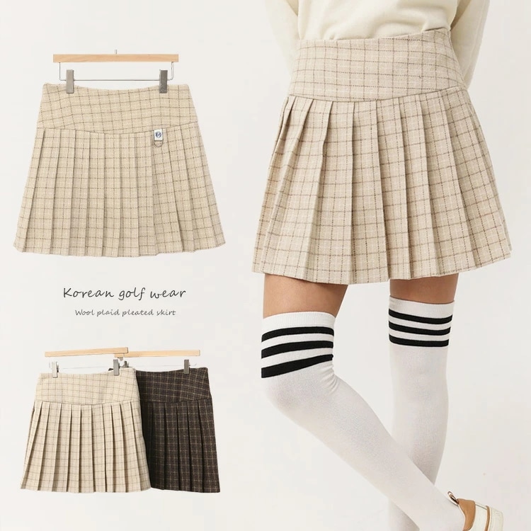 ゴルフウェア スカート レディース 韓国 プリーツ プリーツスカート チェック 柄 冬 秋 春 秋冬 ウール 暖かい あったか ベージュ ブラウン 茶 シンプル ナチュラル かわいい おしゃれ ゴルフ
