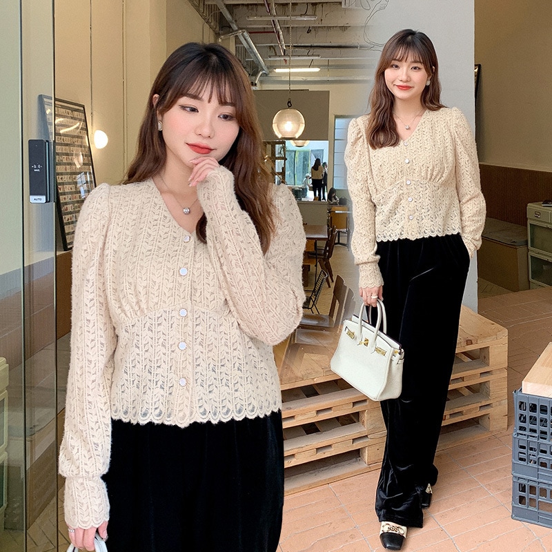 5L 4L 秋冬 韓国 大きいサイズ 長袖ニットトップス レディースシャツブラウス タイト ストレッチ 30代 40代 50代 60代ぽっちゃりの上着デザイン感の大きいサイズの韓国版の気質v襟ファッシ