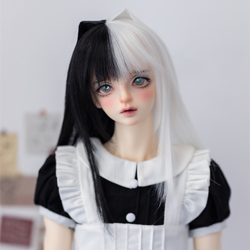 BJDドールウィッグ 黒&白 手入れ ロング 猫耳 高温糸 SDサイズ人形用 頭囲22‐24cm