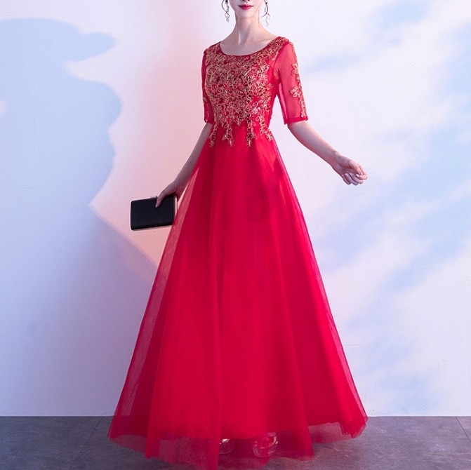 ドレス パーティー 演奏会 発表会 ステージ 舞台 衣装 コスプレ コスチューム 演劇 マキシ 5分袖 Uネック ラウンドネック プリンセスライン Aライン レース 刺繍 ウエストマーク 透け感