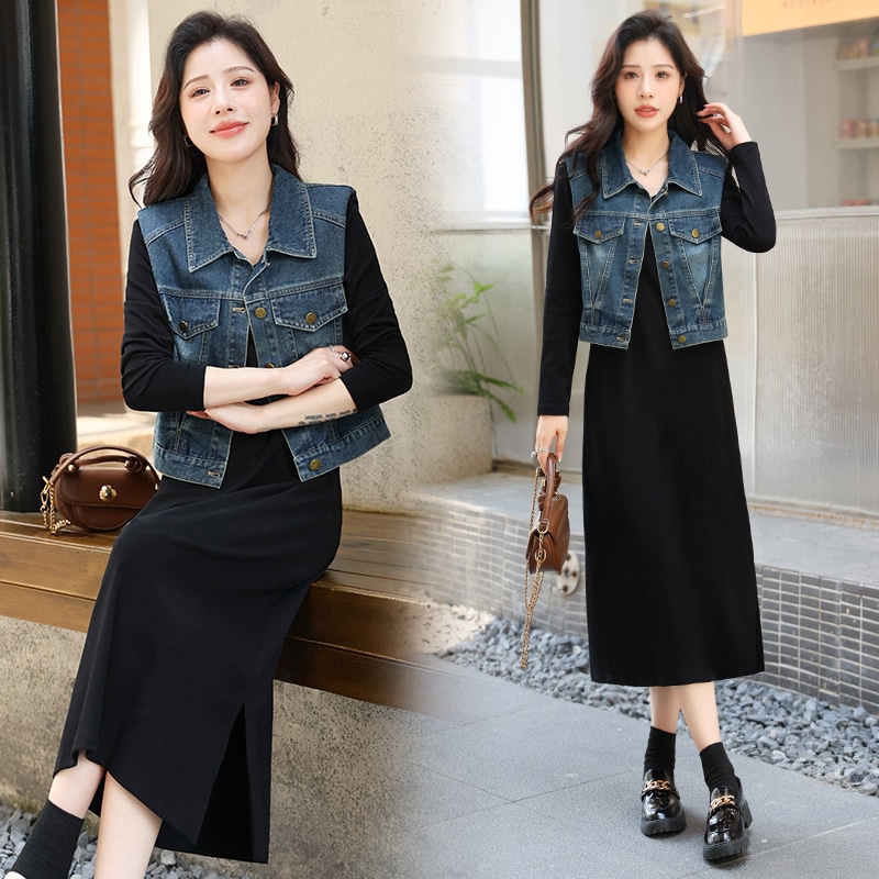 デニムドレス秋服2024今年の人気婦人服春と秋の新作ファッション洋風ツーピーススーツスカート