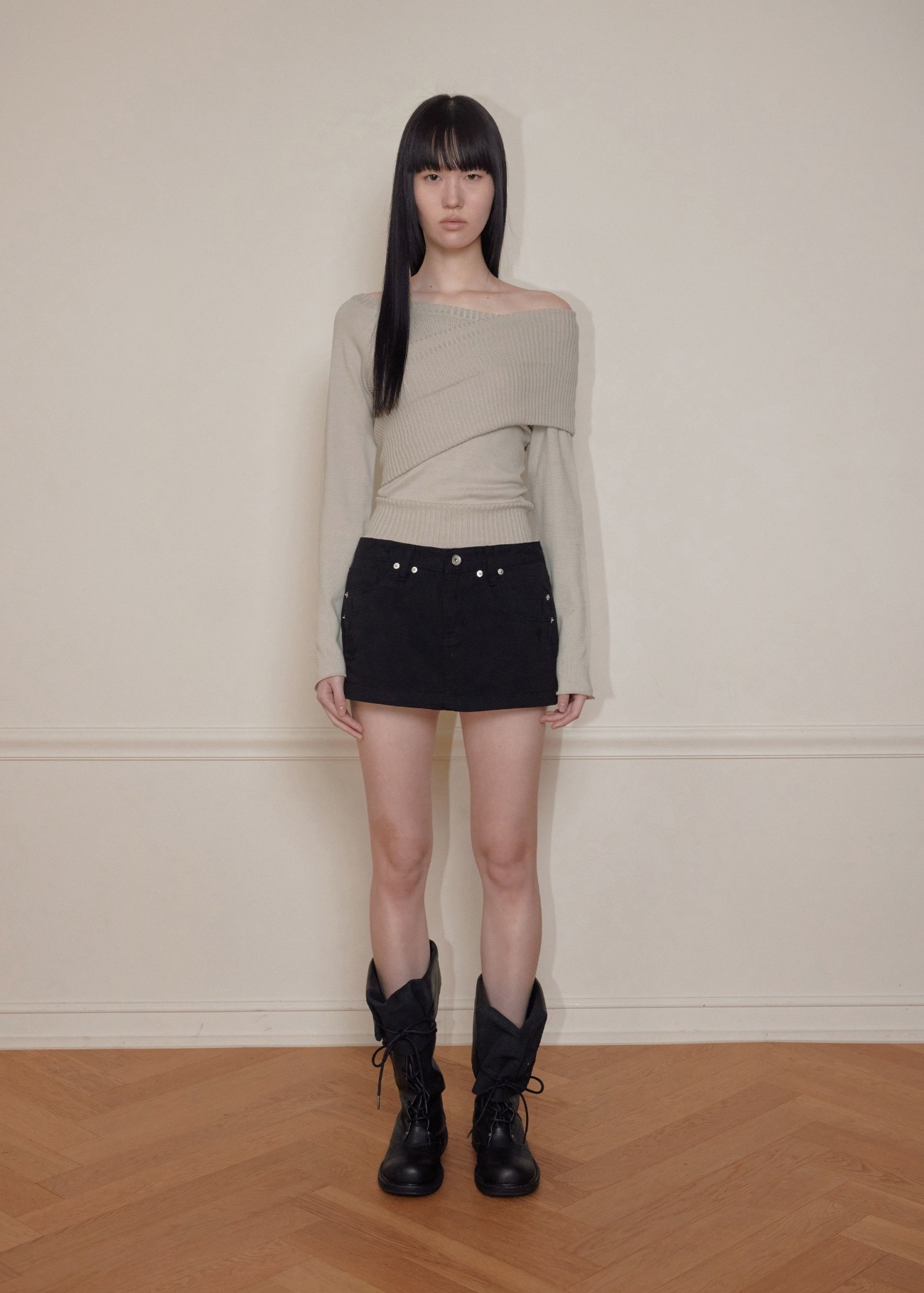 【bohemseo】 ONE-SHOULDER RIBBED KNIT, BEIGE 正規品