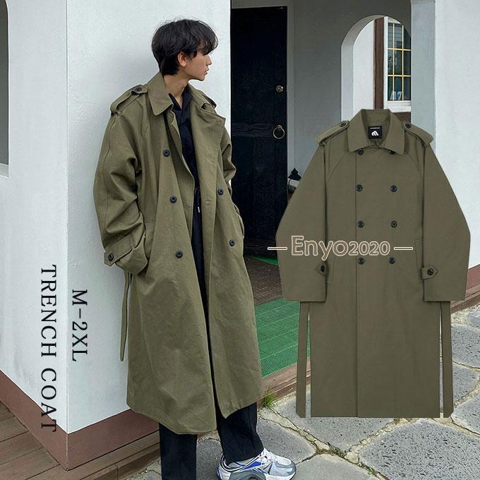 トレンチコート メンズ 長袖 ダブルボタン ロングコート スプリングコート シンプル 韓国 ファッション ゆったり 体型カバー アウター 通学 通勤