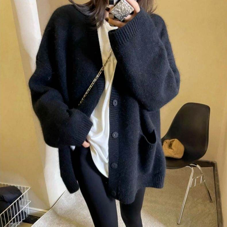 ボリューム袖 ニット カーディガン トップス アウター コーディガン ショート ショート丈 袖あり 長袖 ドロップショルダー 萌袖 Vネック 襟なし ワイド モコモコ ポケット リブ 前開き リブニッ