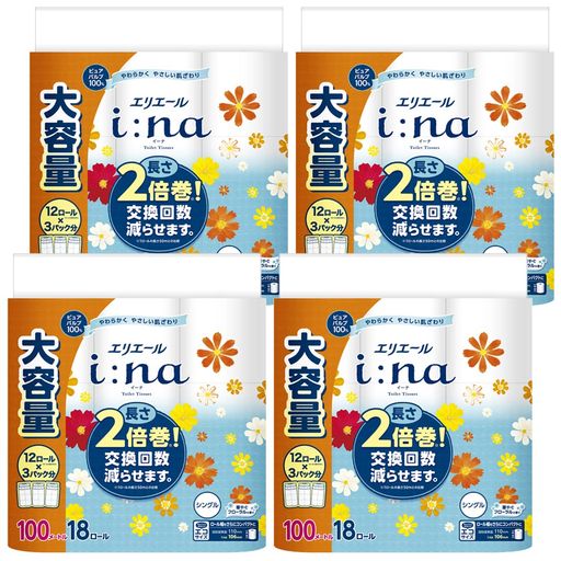 エリエール トイレットペーパー I:NA(イーナ) 2倍巻き 100M×72ロール (18ロール×4パック) シングル パルプ100% 華やぐフローラルの香り【ケース販売】