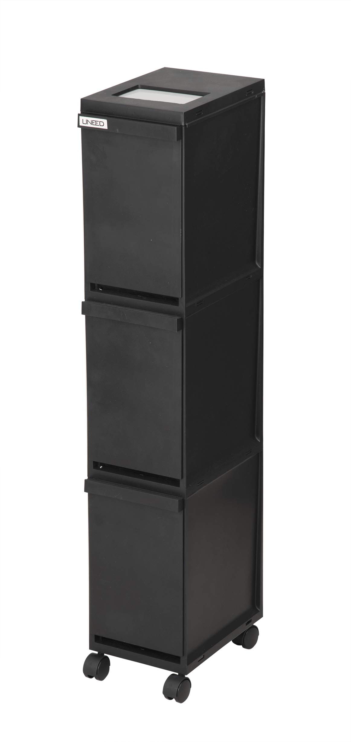 新輝合成(Shinki Gosei) トンボ ユニード ゴミ箱 3段 分別 蓋を開けずにごみを捨てられる プッシュタイプ キャスター付 スリム 30リットル ブラック 幅20.5×奥行29.5×高さ1