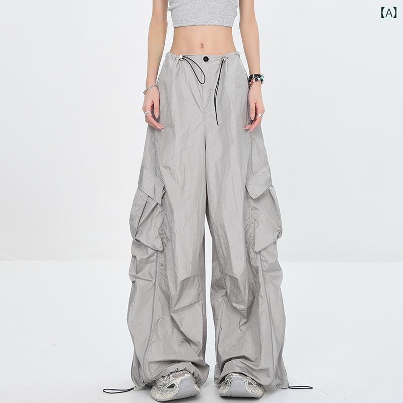 ワイドレッグ　パンツ　レディース KEN STUDIO 夏の アメリカン 湯たんぽ パラトルーパー 巾着 速乾 プリーツの 薄手 オーバー オール 女性用